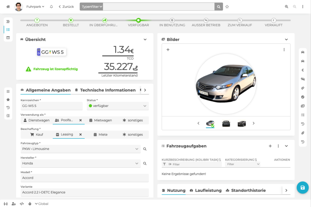 Screenshot eines Fahrzeugdatensatzes