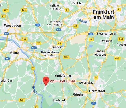 Südwestlich von Frankfurt am Main - die geographische Lage der WSP-Soft GmbH in der Nähe vom Rhein.